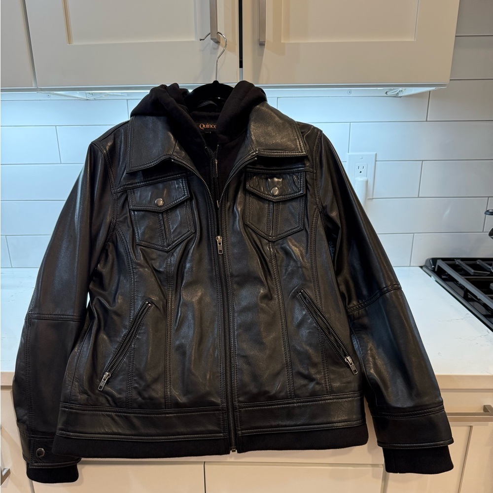 Quince Black Leather Jacket with Zip-out Hoodie Dickie